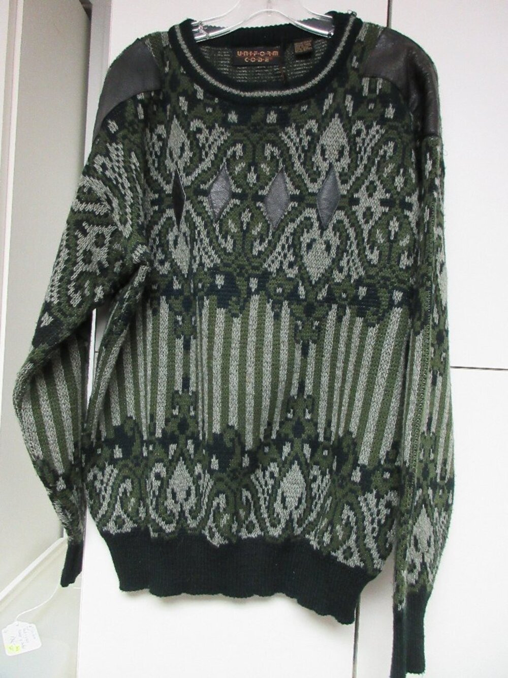 Green Print cardigan with Leather Shoulders  & accents Vintage